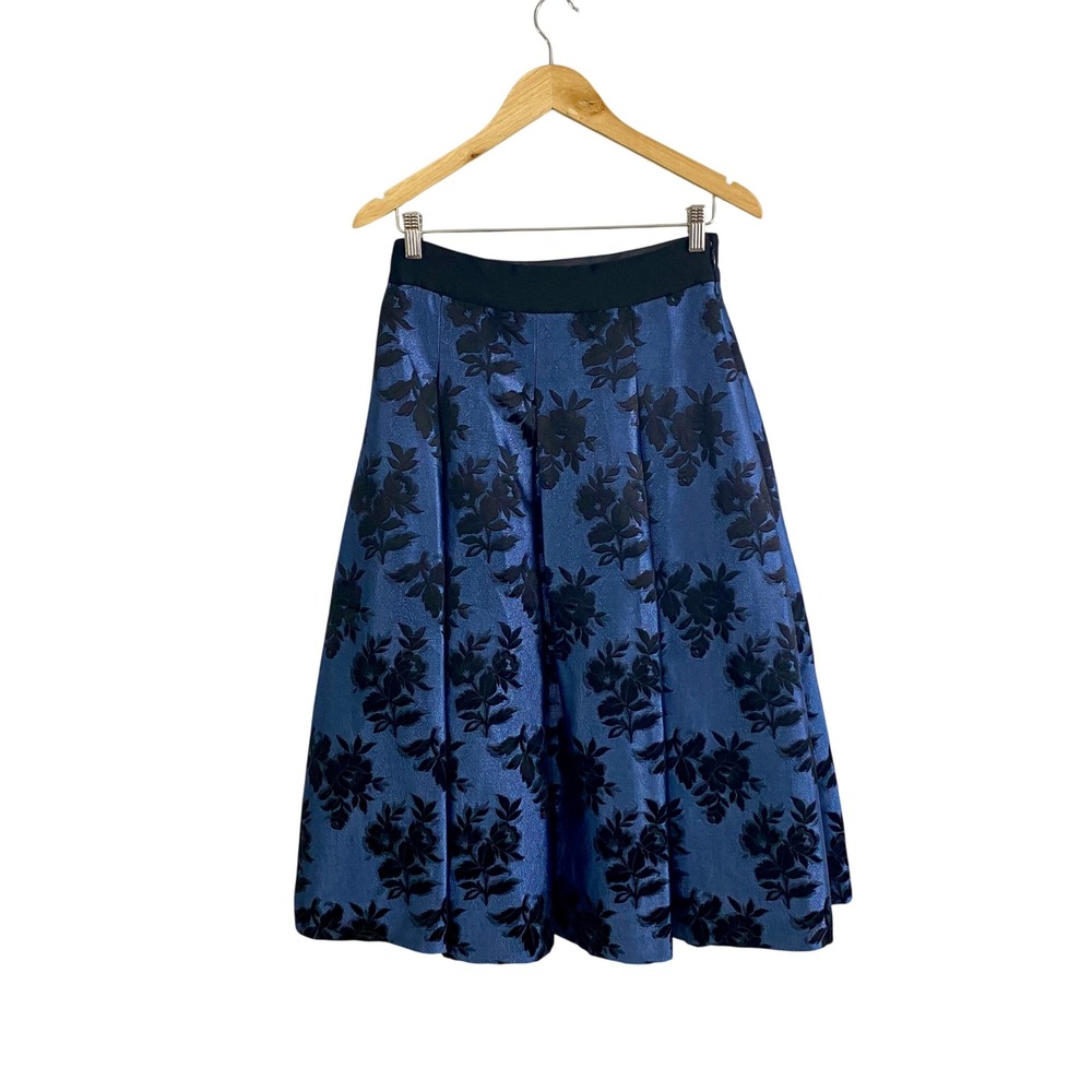 White House Black Market Metallic Blue Black Floral Brocade Pleated Midi Skirt 4